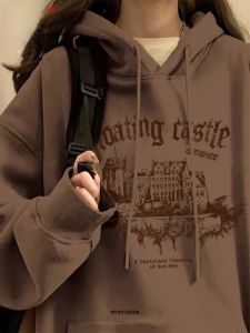 เสื้อฮู้ดบุขนแกะสีน้ำตาลสไตล์ย้อนยุคสไตล์อเมริกันสำหรับผู้หญิง ฤดูใบไม้ผลิและฤดูใบไม้ร่วง เสื้อคลุมกันหนาวแบบหนา ทรงหลวม แขนยาว ปกติ