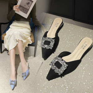DIANCHA | Square Buckle Crystal Sandals Low Heel  Slippers