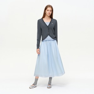 DUSHU | Elastic Waist Ruffle Lace Trim Charming Hem A-Line Skirt