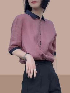 French Vintage Collared Shirt Women Summer Loose Slimming Short Sleeve Contrast Color Shirt Stylish Straight Cut Commute Style