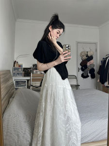 White Lace A-Line Midi Skirt Womens High Waist Slimming Summer Fashion Korean Style Commute Pure Color Elegant Fairy Skirt