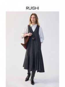 epoque de rueen | Wool Blend Asymmetrical Skirt V-Neck Layering Dress for Winter