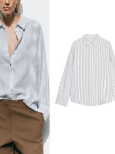 เสื้อเชิ้ตแขนยาวลายทางลำลองฤดูใบไม้ผลิใหม่สำหรับผู้หญิง Z 25 เสื้อเชิ้ตคอปกพับหลวมๆ สบายๆ สำหรับใส่ไปทำงาน