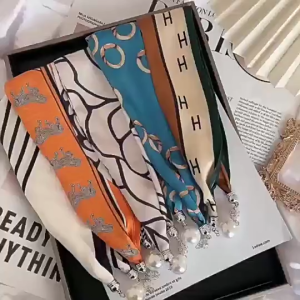 Magnetic Button Gemetric Print Silk Scarf Necklace For Women Elegant Summer Neck Accessory Headband