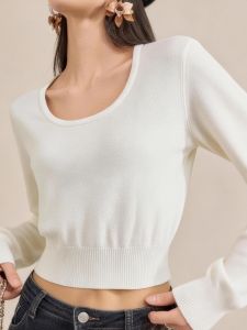 QINGNAER | Plus Size Feminine White Knit Top Short Cropped Fitted Square Neck Ribbed