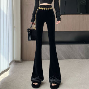 กางเกงขายาวทรงหลวมเอวสูงผ้ากำมะหยี่สีดำ ดีไซน์กระดูกไหปลาร้า แฟชั่นฤดูใบไม้ร่วง/ฤดูหนาว กางเกงขายาวลำลองสำหรับผู้หญิง