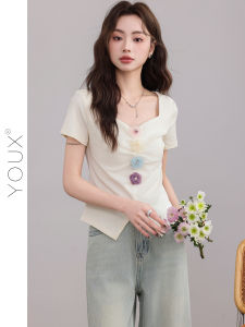 YOUXIANG | Áo Thun Thời Trang Cổ Vuông Dây Rút eo Có Gợn