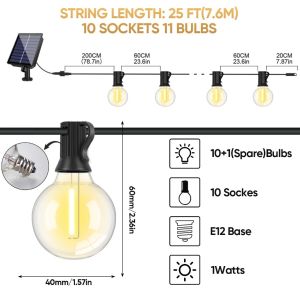 G40 Solar LED String Lights Outdoor Waterproof IP45 Tungsten Filament Warm White Patio Garden Wedding Party Christmas Decoration 7.6/10/15/18/30m