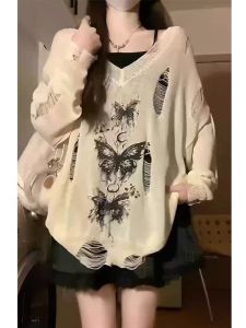 Plus Size American Long Sleeves T-Shirt Womens Autumn New Arrival Butterfly Idle Style Cut Out Knitwear Loose Smock Top Tide