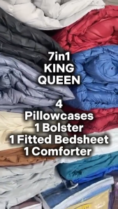 Premium Hotel Collection Comforter Set 7 In 1 | Hotel Stripes Style 100% Cotton Feel Microfiber | Cadar Fitted + 4 Sarung Bantal + Bolster | King Queen Single