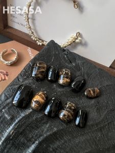 HESASA Pure Hand-Painted Short Cat-Eye Dark Series Nail Art Wearable False Nails Handmade Dust Design Beauty Tools from China