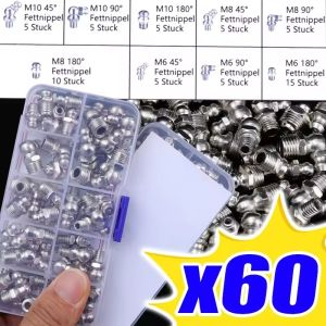 60pcs Car Metric Grease Nipple Carbon Steel Nickel Plated Straight 45° 90° Auto Industry Lubrication Anti Rust Zerk Fitting Kit