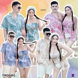 TW20493 set คู่รัก 3 ชิ้น เสื้อฮาวาย กับเสื้อสายเดี่ยว + ผ้าโพกผม