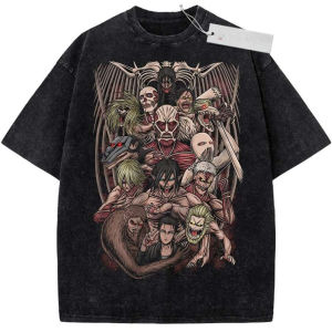Bandai | Oversize Vintage Washed Attack on Titan T Shirt with Anime Titans Army Graffiti Print for Streetwear Casual Daily Outfit