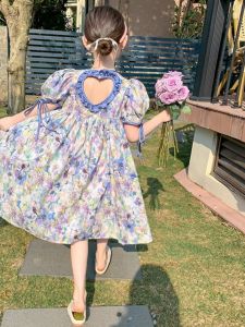 Girls Summer Floral Print Short Sleeve Backless Princess Dress Childrens Midi Dress Fashionable Casual Skirt for Kids