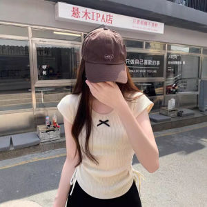 Áo Thun Dệt Kim Tay Ngắn Cổ Tròn Thời Trang Mùa Hè Có Thắt Lưng Thắt Nút Phong Cách Hàn Quốc Áo Ngắn Không Đều Ôm Vừa Vặn