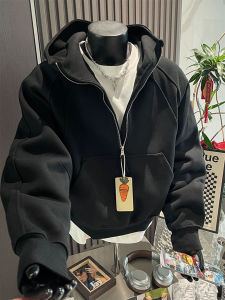 Sweatshirt Jacket for Men Heavyweight Fleece Hooded Half-Zip Deconstructed Black