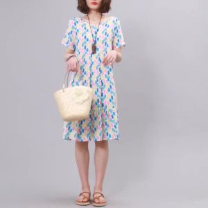 Cotton Linen Floral Short Sleeve Loose Plus Size Slimming Dress