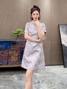 Elegant New Chinese Style Womens Dress Summer High Waist Song Jin Short Sleeve A-Line Midi Skirt with Button Detailing
