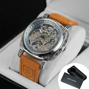 Forsining | Forsining Gold Watch for Men Luminous Hands Luxury Brand Square Vintage Skeleton Automatic Mechanical Watches Brown Leather Belt