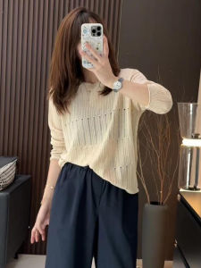 Early Autumn Hollow out Lazy round Neck Long Sleeve Ice Silk Knitted Sweater Womens Loose Slimming Fashionable Youthful Top