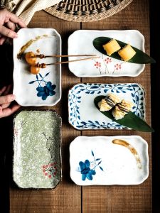 Elegant Rectangular Ceramic Plate Japanese Style Dinnerware Dish Sushi Plate Underglaze Color Process Handmade Plant Floral Pattern