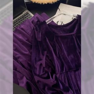 New Chinese Style Autumn Fashion Womens plus Size French Elegance Wide Lady Elegant Purple Velvet Dress Commute Style Low Waist A-Line Skirt Long Sleeve
