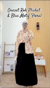 One Set Setelan Rok Plisket dan Atasan Blouse Rayon Motif Jumbo Ootd Wanita Terbaru Kekinian
