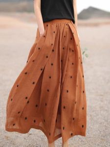 Cotton Linen High Waist A-Line Midi Skirt Women Summer Thin New Style Polka Dot Full Skirt Commute Artistic Printed Waist