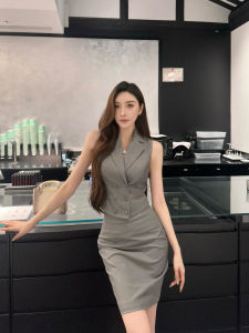 Fine Wool Sleeveless Vest and Pencil Skirt Set Grey