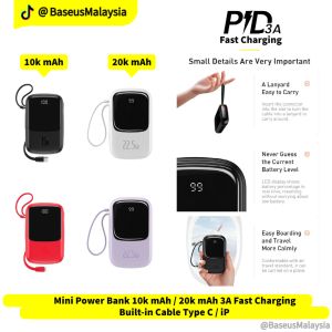 Baseus Malaysia Power Bank 3A Fast Charging 10000mAh / 20000mAh 20w / 22.5w Digital Display Power Bank with iPhone Cable or Type C Cable