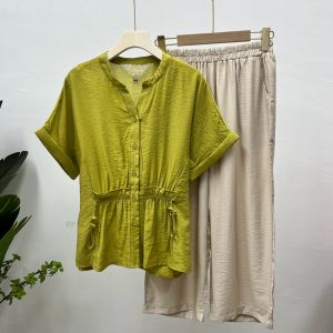 Fashion Suit Womens Mom Clothing 2024 Summer Clothing New Arrival Western Style Youthful-Looking Middle-Aged and Elderly Cotton and Linen Two-Piece Suit T-shirt