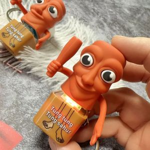Haaienbeeld Tungtungtung Sahur Speelgoed Houten Stick Man Knop Sleutelhanger Lichtgevende Taal Hanger Set Model Geschenk