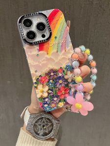 Elegant Rainbow Flower Sea Womens Style Phone Case for Apple Huawei Series iPhone16 Shockproof Vintage INS Fashion Bracelet