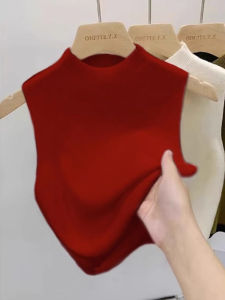 Black Half-High Collar Ice Silk Sleeveless T-Shirt Womens Summer Base Layer Vest Knitted Top Slim Fit Commute Style Regular Thickness