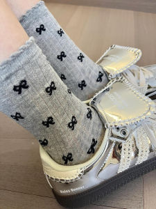 Grey Butterfly Knot Cotton Socks Womens Mid-Calf Ballet Style Thin Pure Cotton Sweet Over-The-Knee Stockings  Series