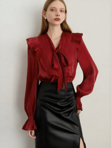 D-PLAY | Red Ruffled Bow Tie Blouse