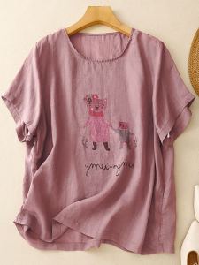 Artistic Large Size Cotton Linen Short Sleeve T-Shirt Women Summer round Neck Casual Slimming Overhead Top Comfortable Fit