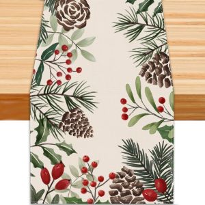 VIKAMA Christmas Table Runner Joy To The World Xmas Tree Snowflake Ornaments Dining Table Home Winter Holiday Party Decor