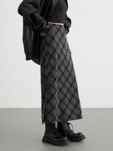 High Waist Slit Plaid Slimming Skirt