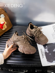 Black Genuine Leather Dad Shoes Womens 2025 Model Small Size Thick Bottom Heightening Foot Appearance Casual Sports Shoes