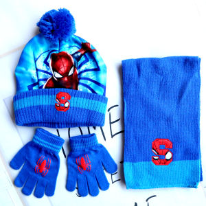 BLOKEES | 4Y-8Y Kids Spider-Web Knitted Hat Scarf Gloves 3Pcs Set Pompon Beanie Warm Autumn Winter Superhero Caps Boys Gift