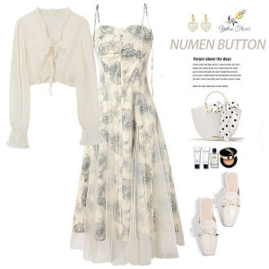 Summer Long Sleeve Chiffon Two-Piece Set with Lace Strap Print Skirt Thin Polyester Material for Young Women Aged 18-25