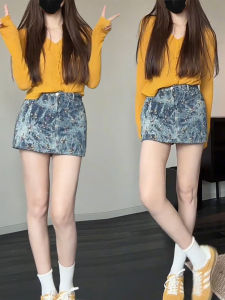 Floral Print A-Line Mini Skirt Thin Denim High Waist Anti-Light Design Korean Style Short Skirt Female Summer Fashion