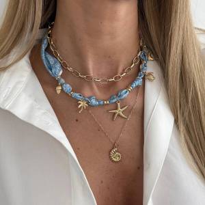 Ingemark 3 Pcs/Set Boho Blue Printed Fabric Necklace Women Vintage Gold Color Starfish Conch Pendant Necklace Charm Jewelry Gift