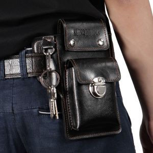 New Mens Leather Phone Bag Multifunctional Waist Bag Waterproof Construction Site Style Belt Loop Key Holder Retro Print PU Mini