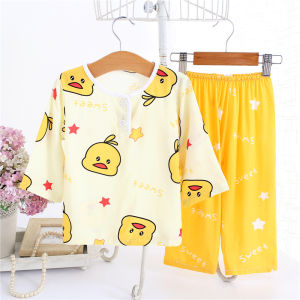 Summer Childrens Cotton Silk Sleepwear Long Sleeve Thin Home Clothes Set for Boys And Girls Comfortable Breathable Sweat Absorbent
