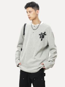 RedEye American High Street Loose Fit Cross Pattern Hoodie for Men Knitted Top Casual Youth Popular round Neck Sweatshirt