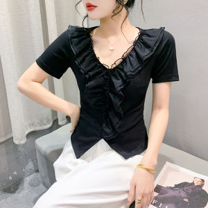YIMEI Black T-shirt Womens Short sleeved Summer 2024 New Fashion Slim Fit Top V-neck Short Waist Small Shirt