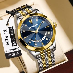 BINBOND new watch for men original branded waterproof diamond stainless steel calendar watch